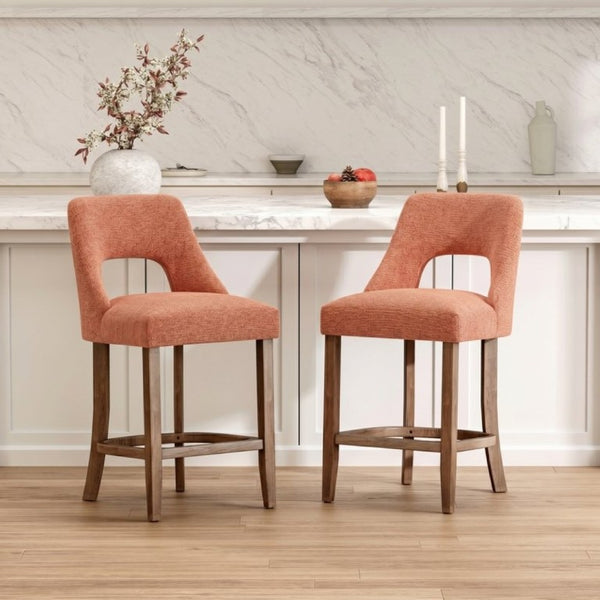 English Elm Bar Stools Set of 2 Wingback Upholstered Counter Height Seats with Wood Legs Orange W3916P523018