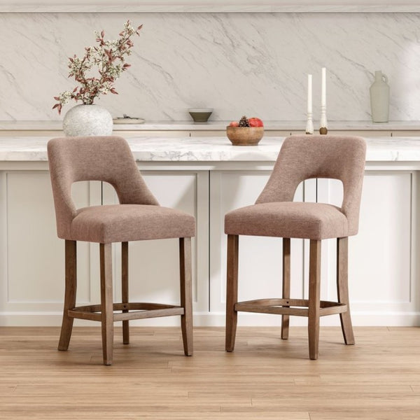 English Elm Bar Stools Set of 2 Wingback Upholstered Counter Height Seats with Wood Legs Khaki W3916P525474