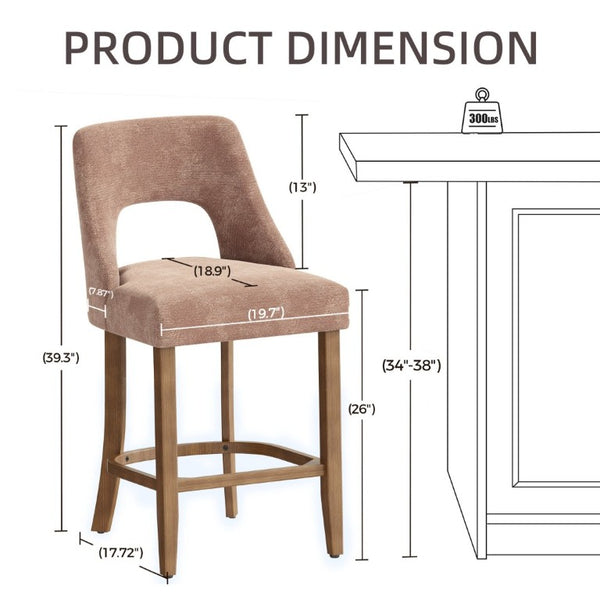 English Elm Bar Stools Set of 2 Wingback Upholstered Counter Height Seats with Wood Legs Khaki W3916P525474