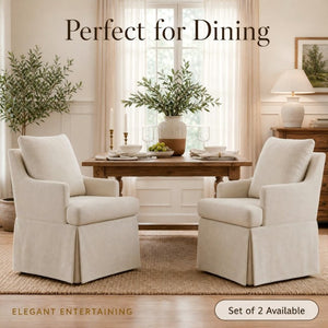 English Elm Upholstered Linen Armchair with Casters Modern High Back Rolling Seat for Dining Living Room Beige W3916P552438