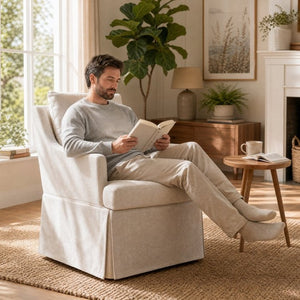 English Elm Upholstered Linen Armchair with Casters Modern High Back Rolling Seat for Dining Living Room Beige W3916P552438