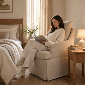 English Elm Upholstered Linen Armchair with Casters Modern High Back Rolling Seat for Dining Living Room Beige W3916P552438