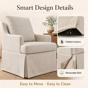 English Elm Upholstered Linen Armchair with Casters Modern High Back Rolling Seat for Dining Living Room Beige W3916P552438