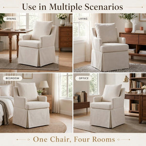 English Elm Upholstered Linen Armchair with Casters Modern High Back Rolling Seat for Dining Living Room Beige W3916P552438