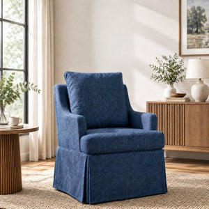 English Elm Upholstered Linen Armchair with Casters Modern High Back Rolling Seat for Dining Living Room Navy W3916P552439