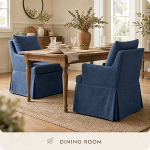 English Elm Upholstered Linen Armchair with Casters Modern High Back Rolling Seat for Dining Living Room Navy W3916P552439