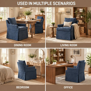 English Elm Upholstered Linen Armchair with Casters Modern High Back Rolling Seat for Dining Living Room Navy W3916P552439