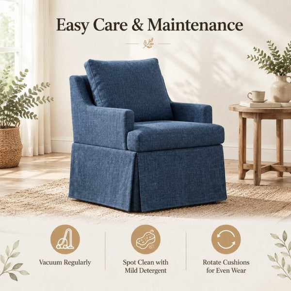 English Elm Upholstered Linen Armchair with Casters Modern High Back Rolling Seat for Dining Living Room Navy W3916P552439