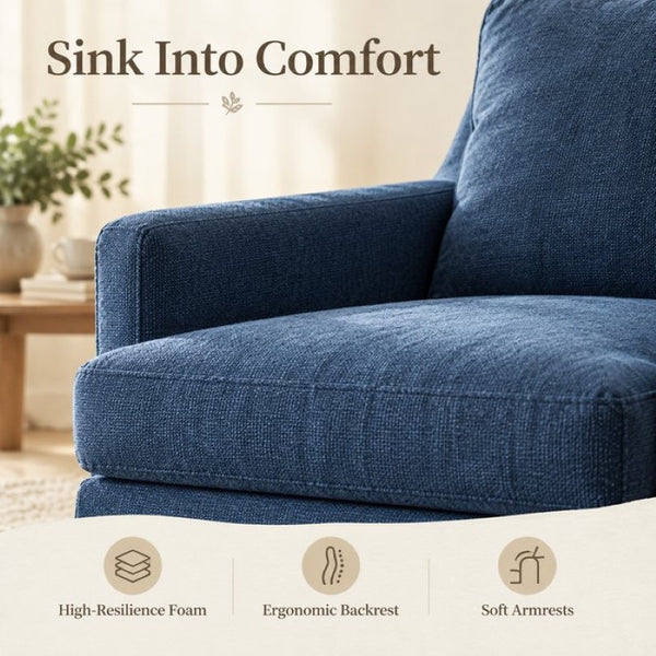 English Elm Upholstered Linen Armchair with Casters Modern High Back Rolling Seat for Dining Living Room Navy W3916P552439