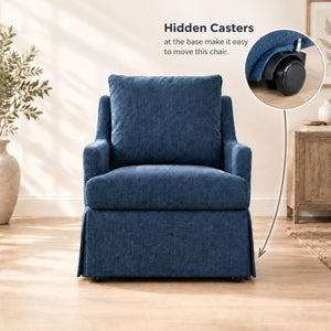 English Elm Upholstered Linen Armchair with Casters Modern High Back Rolling Seat for Dining Living Room Navy W3916P552439