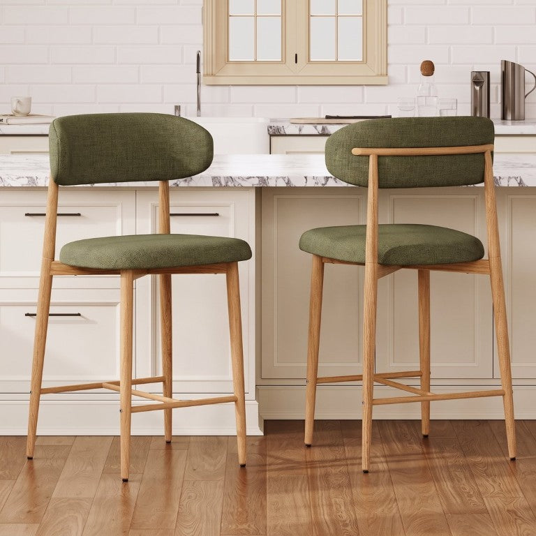 English Elm Counter Height Linen Barstools Set of 2 Mid Century Steel Frame Kitchen Island Seating W3916P563391