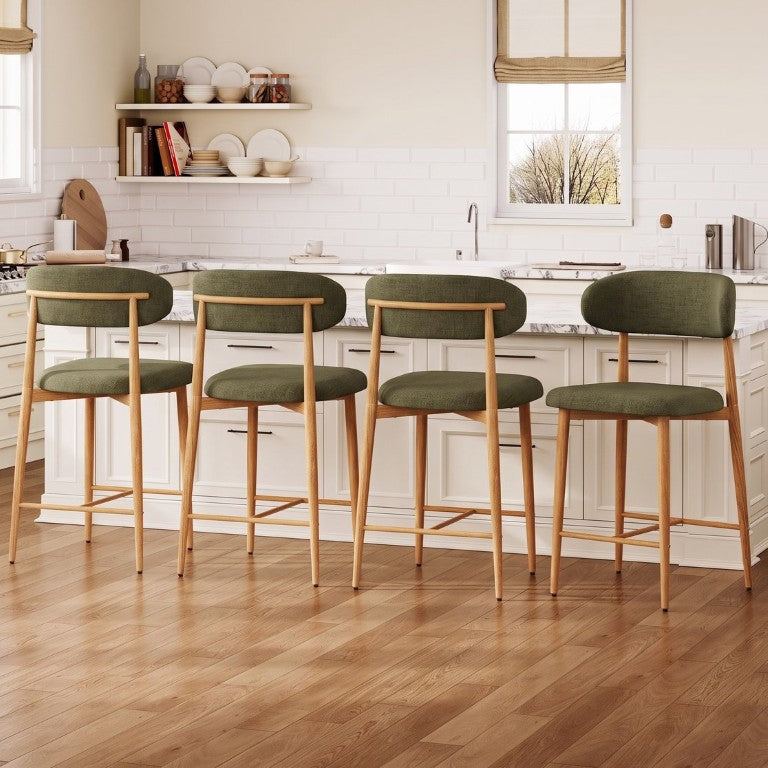 English Elm Counter Height Linen Barstools Set of 2 Mid Century Steel Frame Kitchen Island Seating W3916P563391