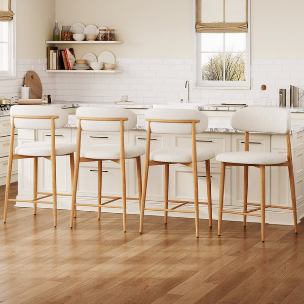 English Elm Counter Height Linen Barstools Set of 4 Mid Century Steel Legs Kitchen Island Seating Beige - B W3916S00002