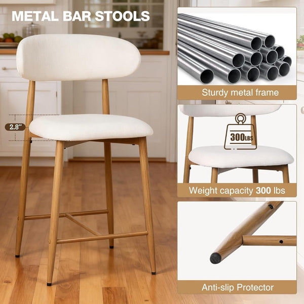 English Elm Counter Height Linen Barstools Set of 4 Mid Century Steel Legs Kitchen Island Seating Beige - B W3916S00002