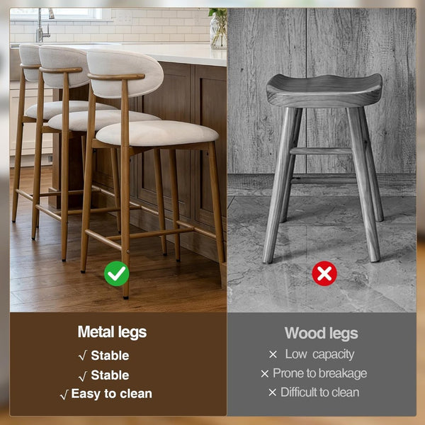 English Elm Counter Height Linen Barstools Set of 4 Mid Century Steel Legs Kitchen Island Seating Beige - B W3916S00002