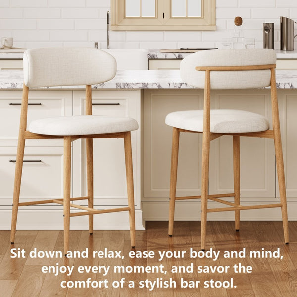 English Elm Counter Height Linen Barstools Set of 4 Mid Century Steel Legs Kitchen Island Seating Beige - B W3916S00002