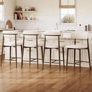 English Elm Counter Height Linen Barstools Set of 4 Mid Century Steel Legs Kitchen Island Seating W3916S00003