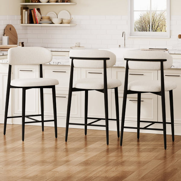 English Elm Counter Height Linen Barstools Set of 4 Mid Century Steel Legs Kitchen Island Seating Beige - A W3916S00006