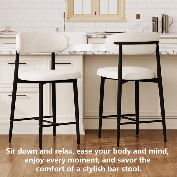 English Elm Counter Height Linen Barstools Set of 4 Mid Century Steel Legs Kitchen Island Seating Beige - A W3916S00006