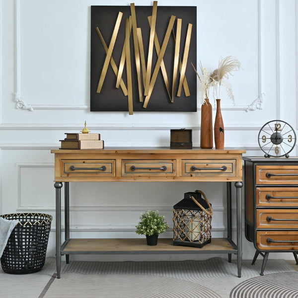 English Elm 48.03" Solid Wood Console Table with 3 Drawers Open Shelf Industrial Rustic Entryway W3933P484799