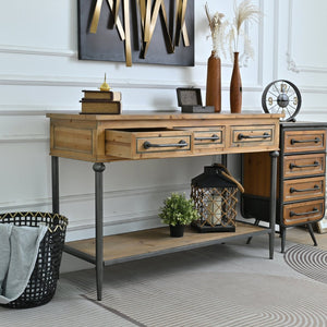 English Elm 48.03" Solid Wood Console Table with 3 Drawers Open Shelf Industrial Rustic Entryway W3933P484799