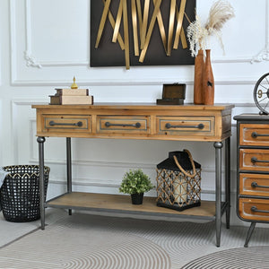 English Elm 48.03" Solid Wood Console Table with 3 Drawers Open Shelf Industrial Rustic Entryway W3933P484799