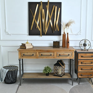 English Elm 48.03" Solid Wood Console Table with 3 Drawers Open Shelf Industrial Rustic Entryway W3933P484799