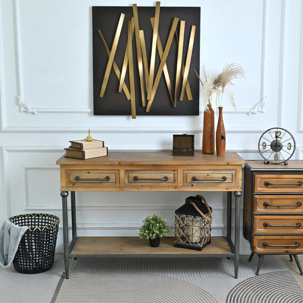 English Elm 48.03" Solid Wood Console Table with 3 Drawers Open Shelf Industrial Rustic Entryway W3933P484799