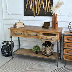 English Elm 48.03" Solid Wood Console Table with 3 Drawers Open Shelf Industrial Rustic Entryway W3933P484799