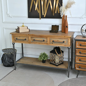 English Elm 48.03" Solid Wood Console Table with 3 Drawers Open Shelf Industrial Rustic Entryway W3933P484799
