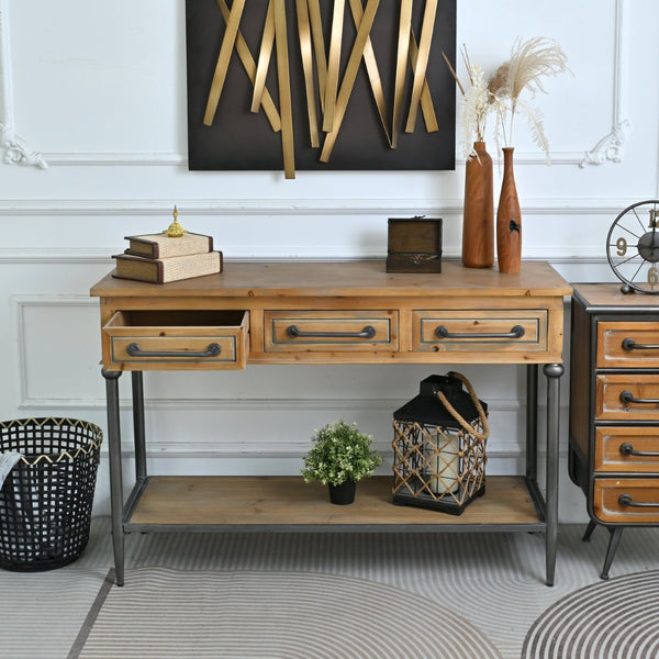 English Elm 48.03" Solid Wood Console Table with 3 Drawers Open Shelf Industrial Rustic Entryway W3933P484799