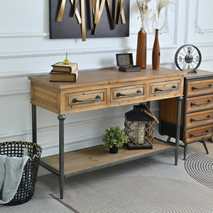 English Elm 48.03" Solid Wood Console Table with 3 Drawers Open Shelf Industrial Rustic Entryway W3933P484799
