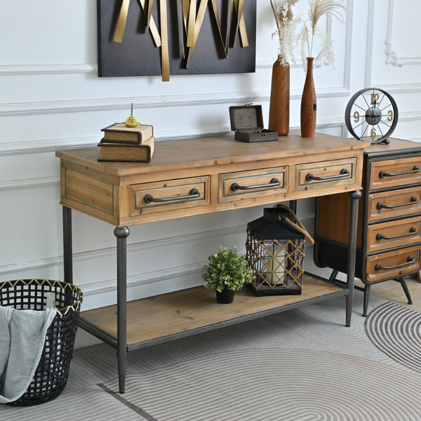 English Elm 48.03" Solid Wood Console Table with 3 Drawers Open Shelf Industrial Rustic Entryway W3933P484799
