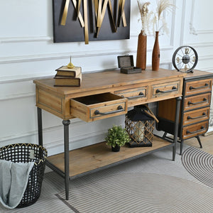 English Elm 48.03" Solid Wood Console Table with 3 Drawers Open Shelf Industrial Rustic Entryway W3933P484799