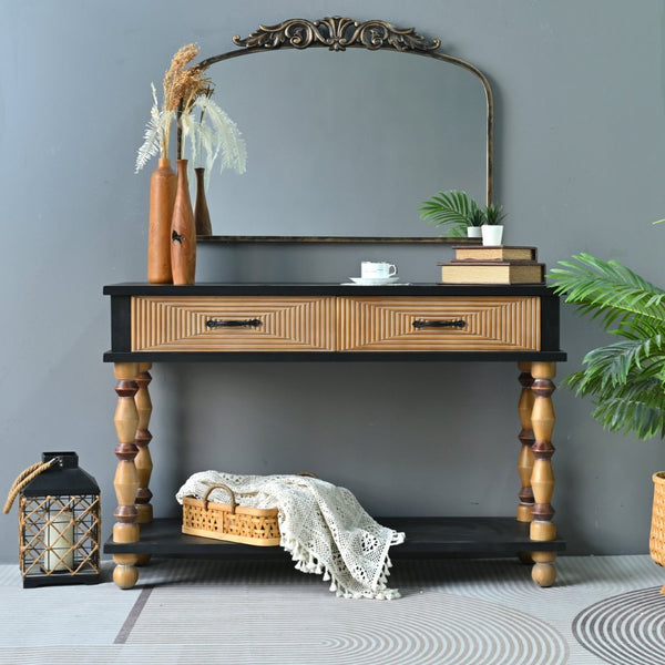 English Elm Easy Assembly Rustic Solid Wood Console Table Carved Drawers Open Shelf Entryway W3933P484813