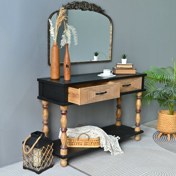 English Elm Easy Assembly Rustic Solid Wood Console Table Carved Drawers Open Shelf Entryway W3933P484813