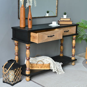 English Elm Easy Assembly Rustic Solid Wood Console Table Carved Drawers Open Shelf Entryway W3933P484813