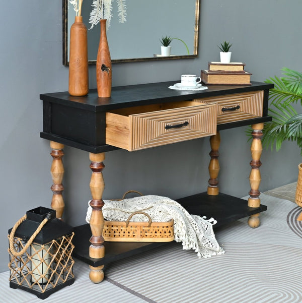 English Elm Easy Assembly Rustic Solid Wood Console Table Carved Drawers Open Shelf Entryway W3933P484813