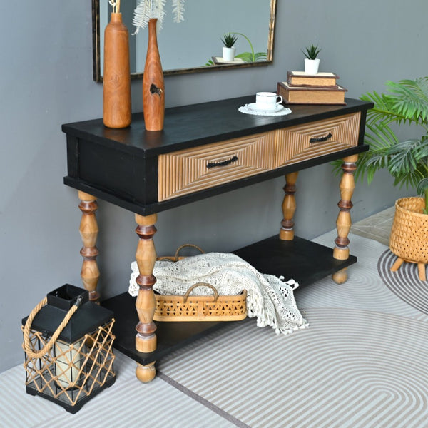 English Elm Easy Assembly Rustic Solid Wood Console Table Carved Drawers Open Shelf Entryway W3933P484813