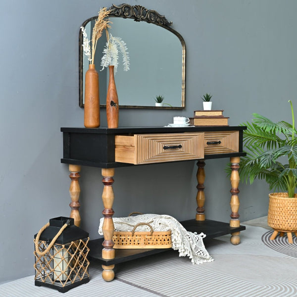 English Elm Easy Assembly Rustic Solid Wood Console Table Carved Drawers Open Shelf Entryway W3933P484813