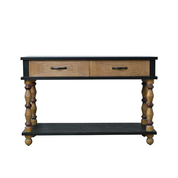 English Elm Easy Assembly Rustic Solid Wood Console Table Carved Drawers Open Shelf Entryway W3933P484813