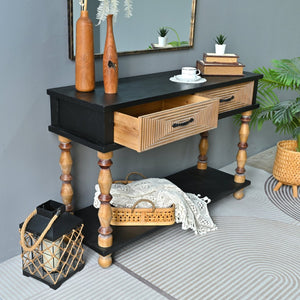 English Elm Easy Assembly Rustic Solid Wood Console Table Carved Drawers Open Shelf Entryway W3933P484813