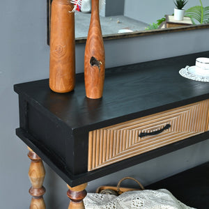 English Elm Easy Assembly Rustic Solid Wood Console Table Carved Drawers Open Shelf Entryway W3933P484813