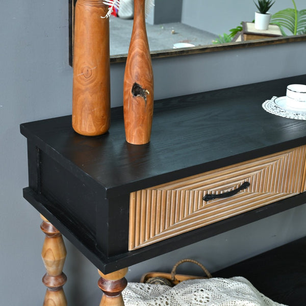 English Elm Easy Assembly Rustic Solid Wood Console Table Carved Drawers Open Shelf Entryway W3933P484813