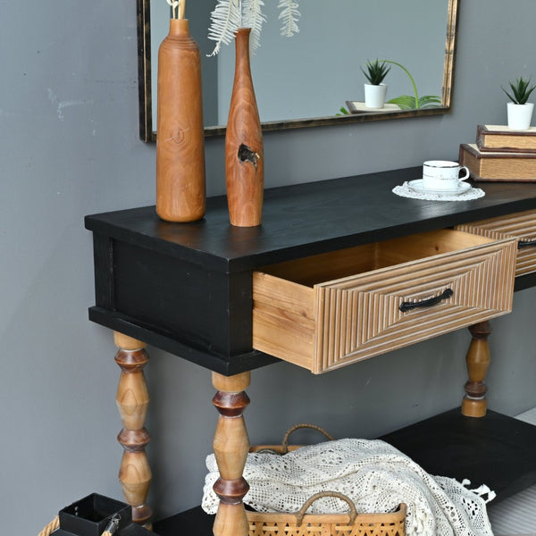 English Elm Easy Assembly Rustic Solid Wood Console Table Carved Drawers Open Shelf Entryway W3933P484813