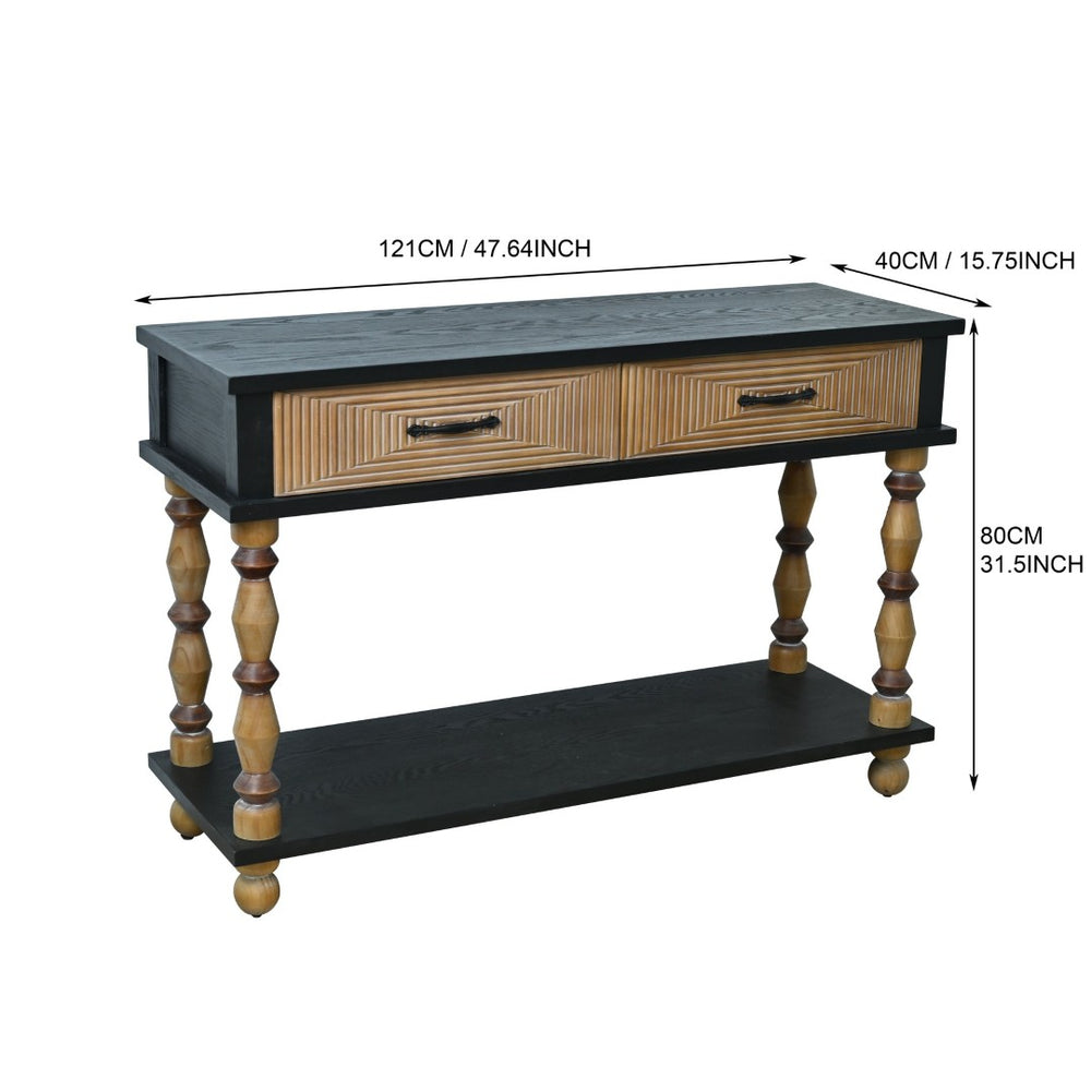 English Elm Easy Assembly Rustic Solid Wood Console Table Carved Drawers Open Shelf Entryway W3933P484813