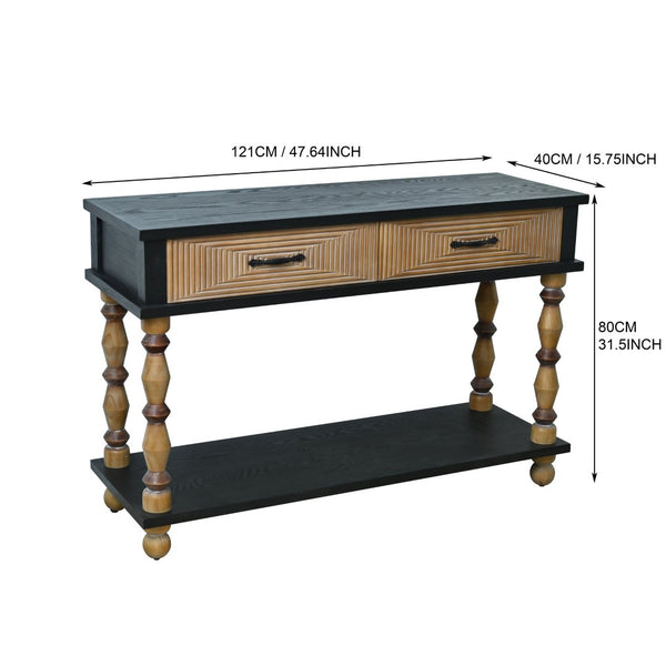 English Elm Easy Assembly Rustic Solid Wood Console Table Carved Drawers Open Shelf Entryway W3933P484813