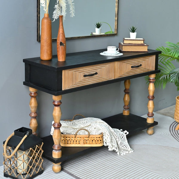 English Elm Easy Assembly Rustic Solid Wood Console Table Carved Drawers Open Shelf Entryway W3933P484813