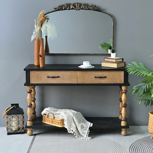 English Elm Easy Assembly Rustic Solid Wood Console Table Carved Drawers Open Shelf Entryway W3933P484813