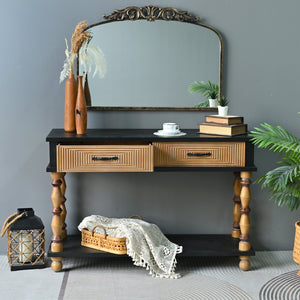 English Elm Easy Assembly Rustic Solid Wood Console Table Carved Drawers Open Shelf Entryway W3933P484813